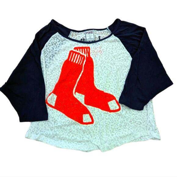 PINK Victoria's Secret Tops - Victoria's Secret Pink Red Sox Leopard Burn Out Cotton 3/4 Sleeve Shirt